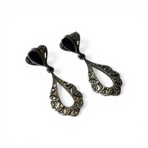 Vintage Signed N 925 Sterling Silver Marcasite & Onyx Teardrop Dangle Earrings